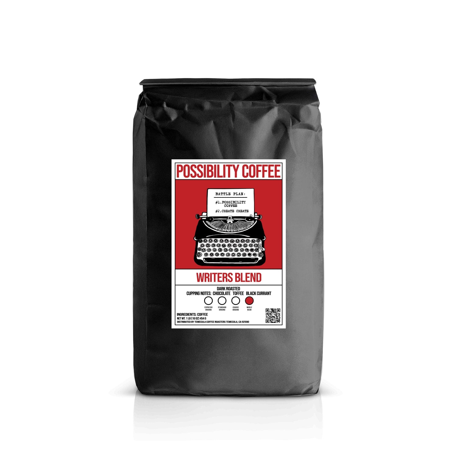 A bag of Possibility Writers Blend Coffee with a white background
