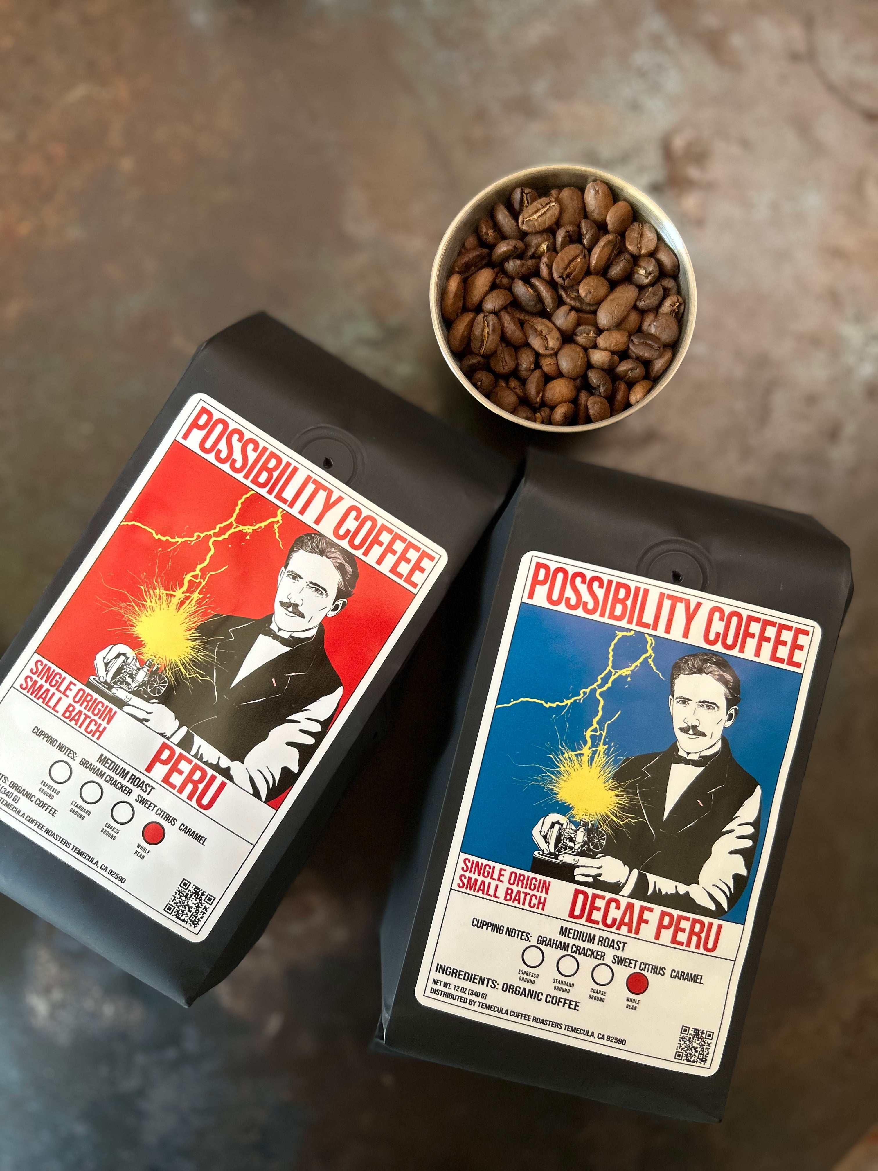 A bag of Decaf and regular Single Origin Peru Possibility coffee on table with beans