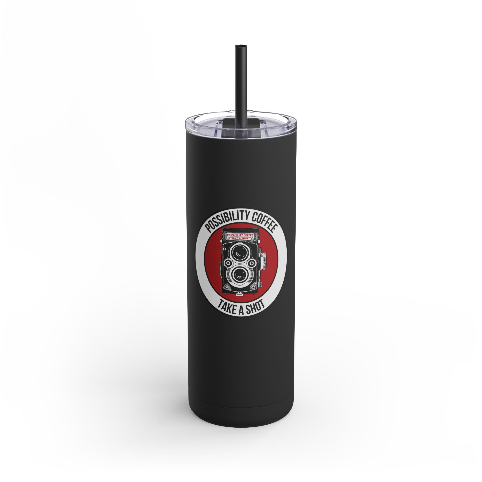 Take a Shot Black tumbler with a camera design and text on a white background
