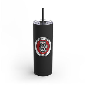 Take a Shot Black tumbler with a camera design and text on a white background