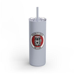 Take a Shot Dusty Blue tumbler with a camera design and text on a white background