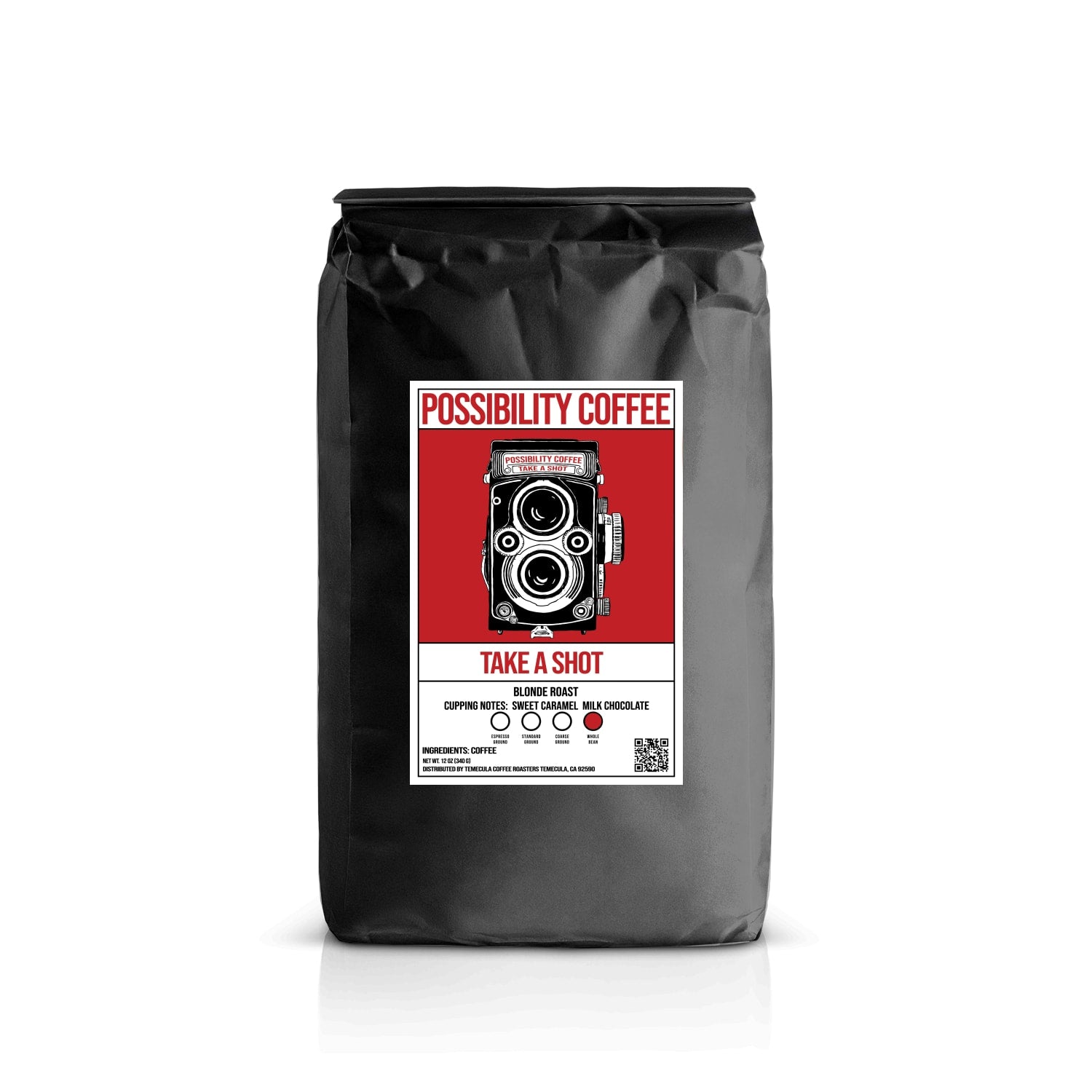 A bag of Possibility Coffee Take a Shot Blonde Espresso with Camera Image on the bag with a white background