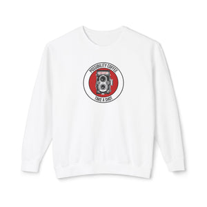 Take a Shot Camera White sweatshirt with a red and black graphic on a white background