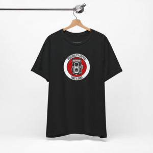 Black t-shirt with a red and white graphic on a hanger against a white background