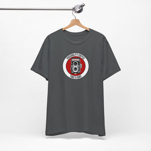 Gray t-shirt with a red and white graphic on a hanger against a white background