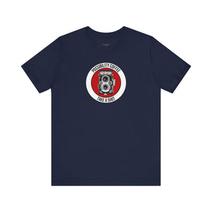 Navy blue t-shirt with a circular graphic featuring a camera and text on a white background