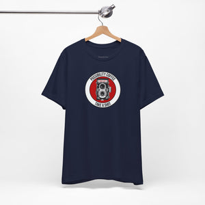 Navy blue t-shirt with a red and white graphic on a hanger against a white background