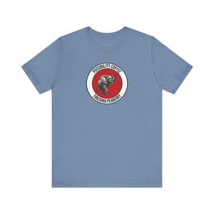 Tanzania Peaaberry Blue t-shirt with a red and white logo featuring an elephant on a white background