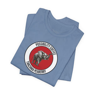 Tanzania Peaberry Folded blue t-shirt with elephant graphic and text on a white background