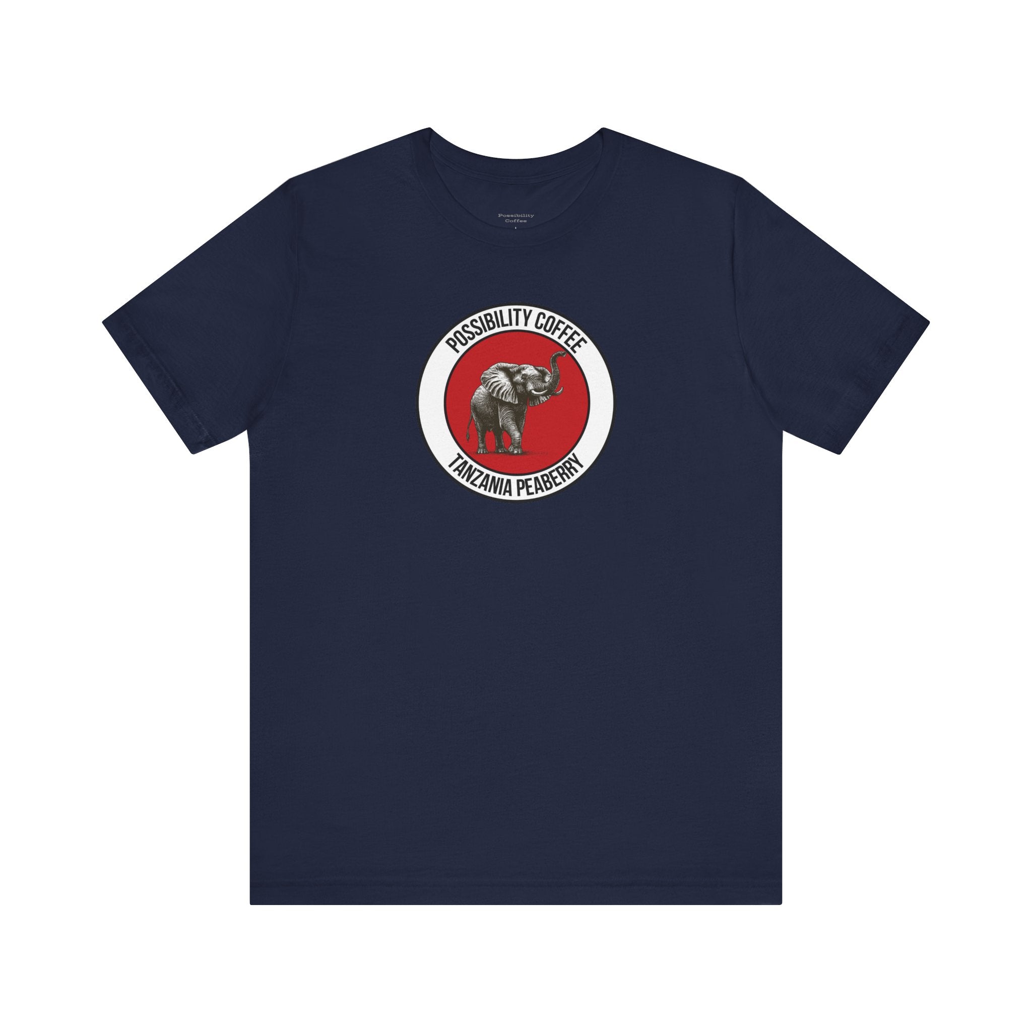 Tanzania Peaberry Navy blue t-shirt with a red and white graphic of elephant on a white background
