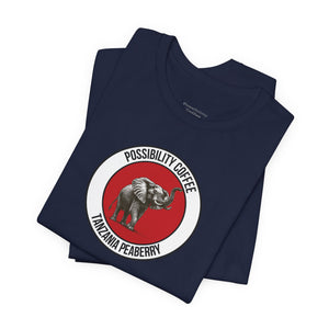 Tanzania Peaberry Elephant Navy blue t-shirt with elephant graphic and 'Possibility Coffee' text on a white background