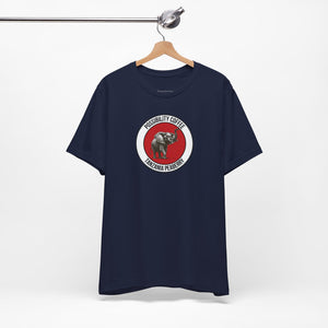 Tanzania Peaberry Navy blue t-shirt with a circular logo featuring an elephant on a hanger against a white background