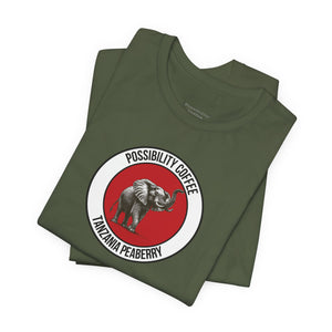 Tanzania Peaberry Folded military green t-shirt with elephant graphic and text on a white background