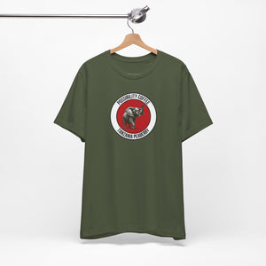 Tanzania Peaberry Green t-shirt with a red and white logo elephant on a hanger against a white background