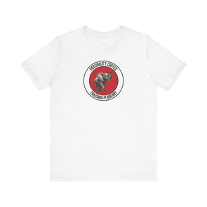 Tanzania Peaberry Elephant White t-shirt with a red and black logo on a white background