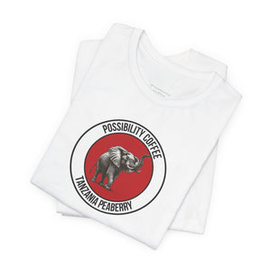 Tanzania Peaberry Folded white t-shirt with a red and black graphic of an elephant and text on a white background