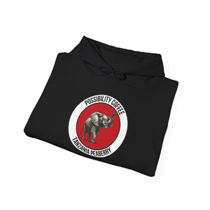 Tanzania Peaberry Black hoodie with a red and white logo featuring an elephant on a white background