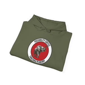 Tanzania Peaberry Military green folded hoodie with elephant and red circle logo on a white background