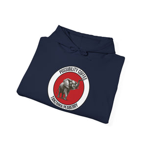 Tanzania Peaberry Folded navy blue hoodie with elephant graphic and 'Possibility Coffee' text on a white background