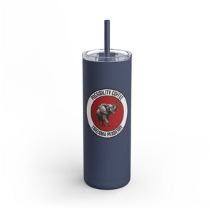 Navy blue Tanzania Peaberry tumbler with a red and white logo featuring an elephant on a white background