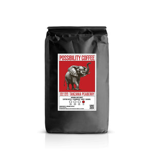 A black bag of Possibility Coffee Tanzania Peaberry Small Batch Roasted Single Origin white background