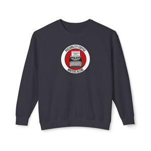 Writers Blend black sweatshirt with a circular logo featuring text and an image of a typewriter on a white background.
