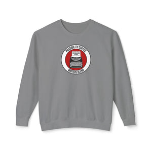 Writers Blend Gray sweatshirt with a circular logo featuring a text and a typewriter on a white background