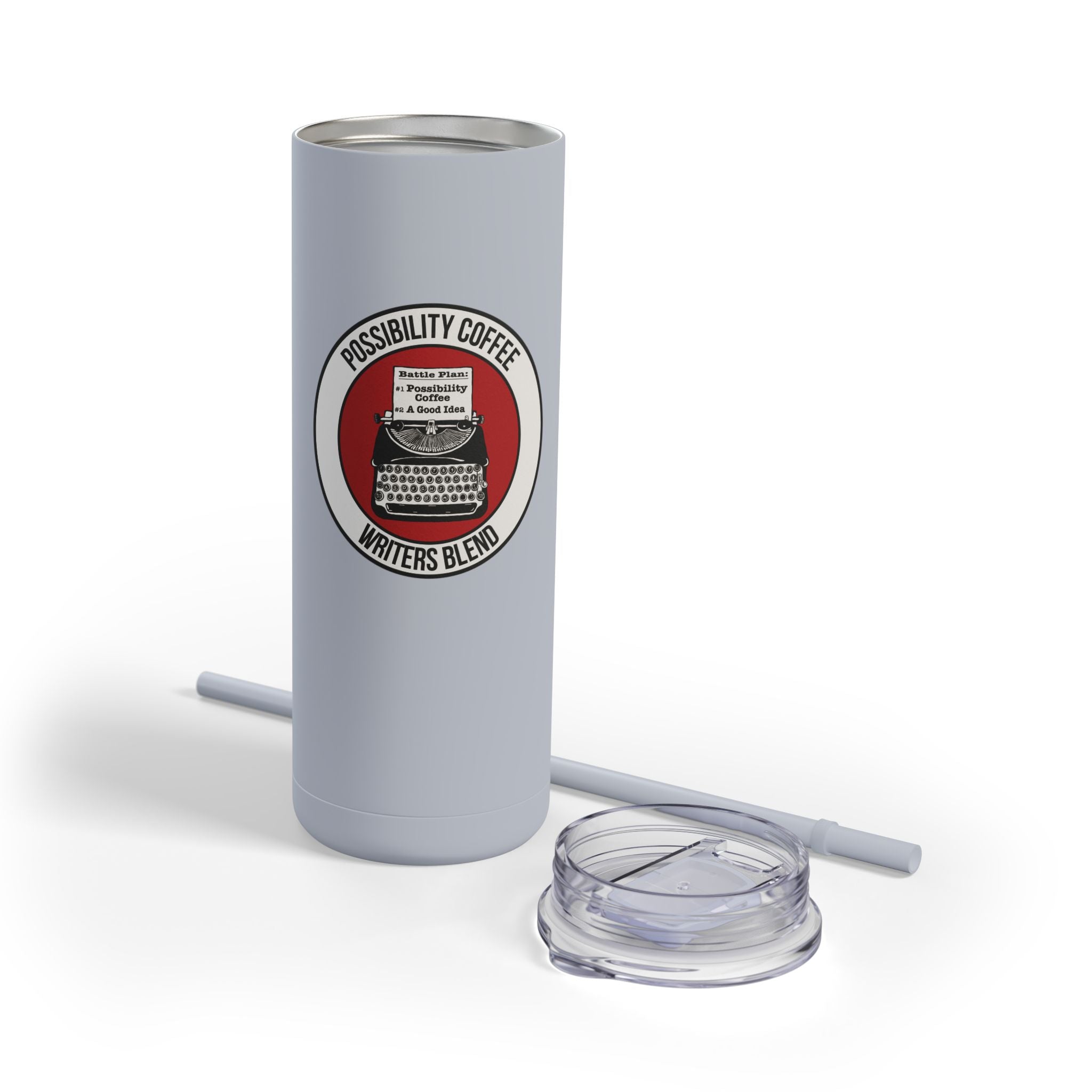 Writers Blend Dusty Blue tumbler with 'Possibility Coffee Writers Blend' with classic typewriter label on a white background