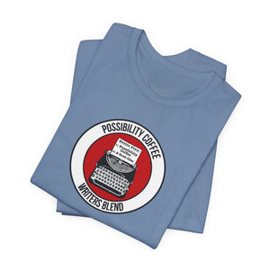 Writers Blend Folded blue t-shirt with a graphic design of a typewriter on a white background