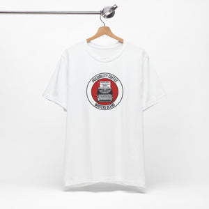 Writers Blend White t-shirt with a graphic design typewriter on a hanger against a white background