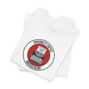 Writers Blend White t-shirt with a 'Possibility Coffee' graphic of typewriter on a white background