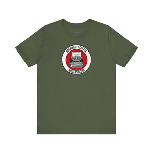 Writers Blend military Green t-shirt with a circular logo featuring a typewriter on a white background