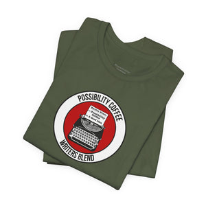 Writers Blend Stack of green t-shirts with a graphic design of typewriter on a white background