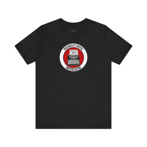 Writers Blend Typewriter Black t-shirt with a red and white graphic on a white background