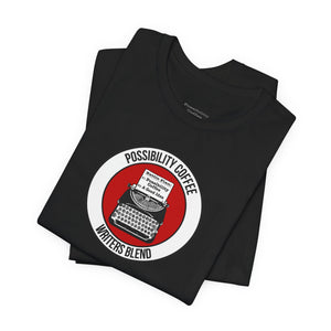 writers blend typewriter Black t-shirt with a red and white graphic design on a white background