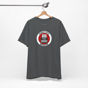 Writers Blend Gray t-shirt with a red and white graphic of typewriter on a hanger against a white background