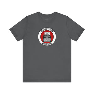 Writers Blend Gray t-shirt with a circular logo featuring a typewriter on a white background