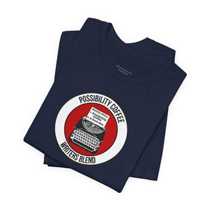 Writers Blend Navy blue t-shirt with a graphic design featuring a typewriter and text on a white background