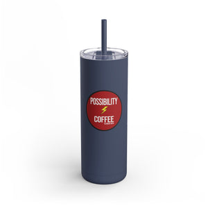 Blue matte finish tumbler with Possibility Coffee Logo Artwork for hot and cold beverages with lid and matching straw with white background