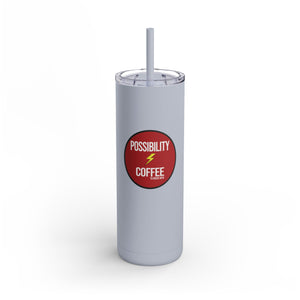 Dusty Blue matte finish tumbler with Possibility Coffee Logo Blend Artwork for hot and cold beverages with lid and matching straw with white background