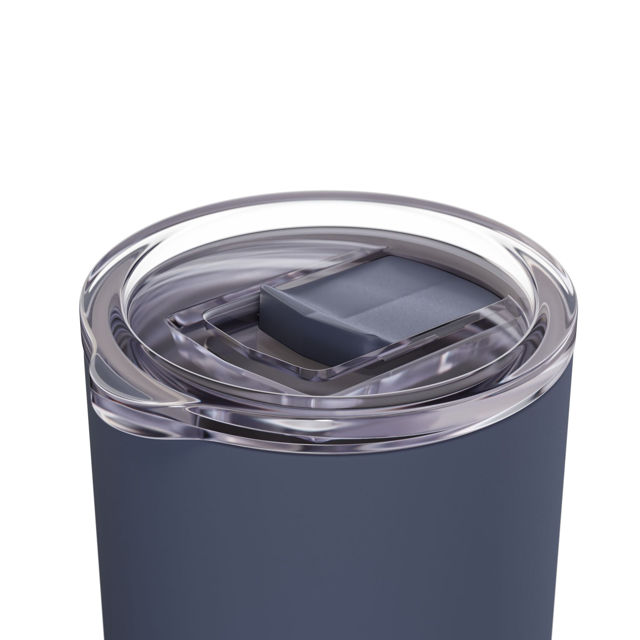 Navy blue tumbler with a clear lid on a white background