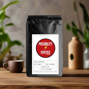 Bag of Possibility Coffee Single Origin Ethiopia Natural on table. 