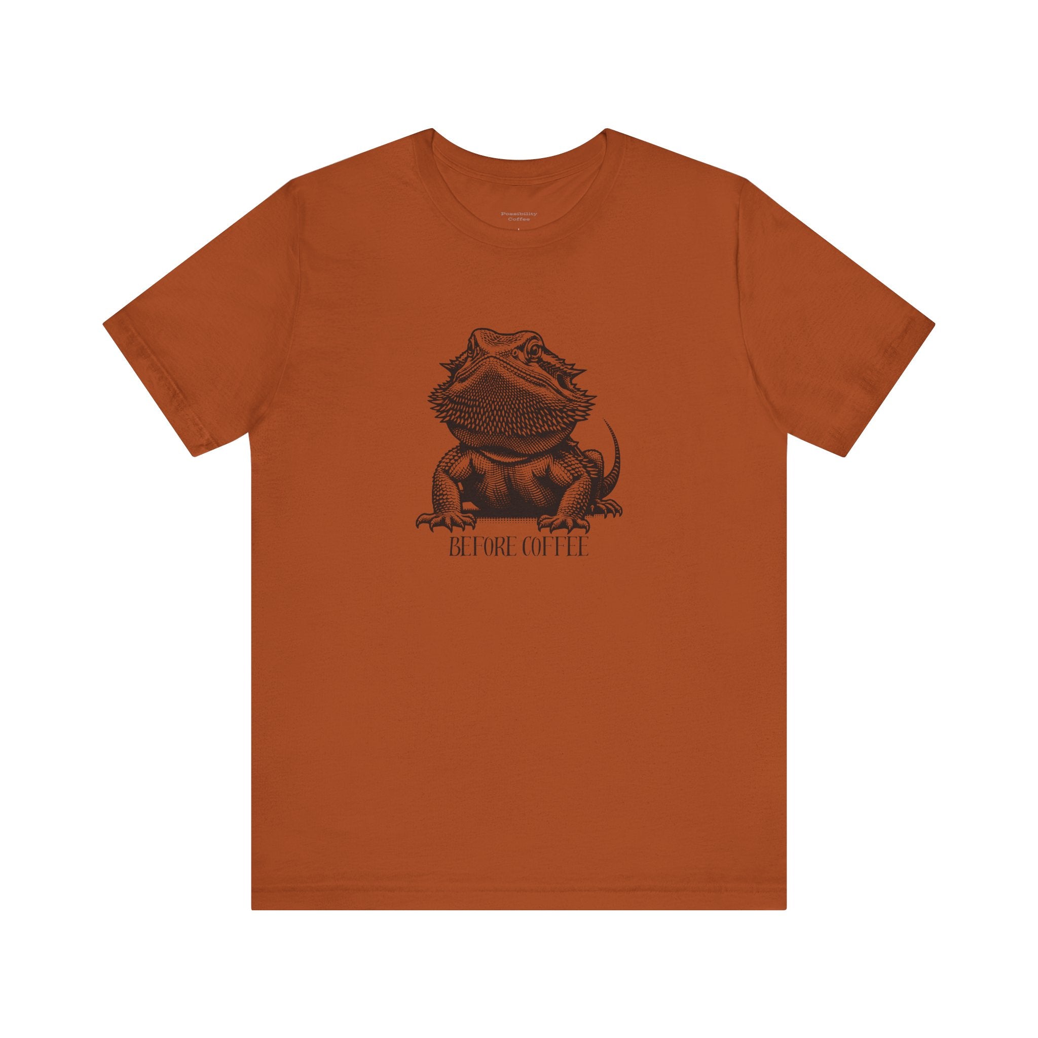 Before Coffee Bearded Dragon Orange t-shirt with a graphic of a bearded dragon  and text on a white background