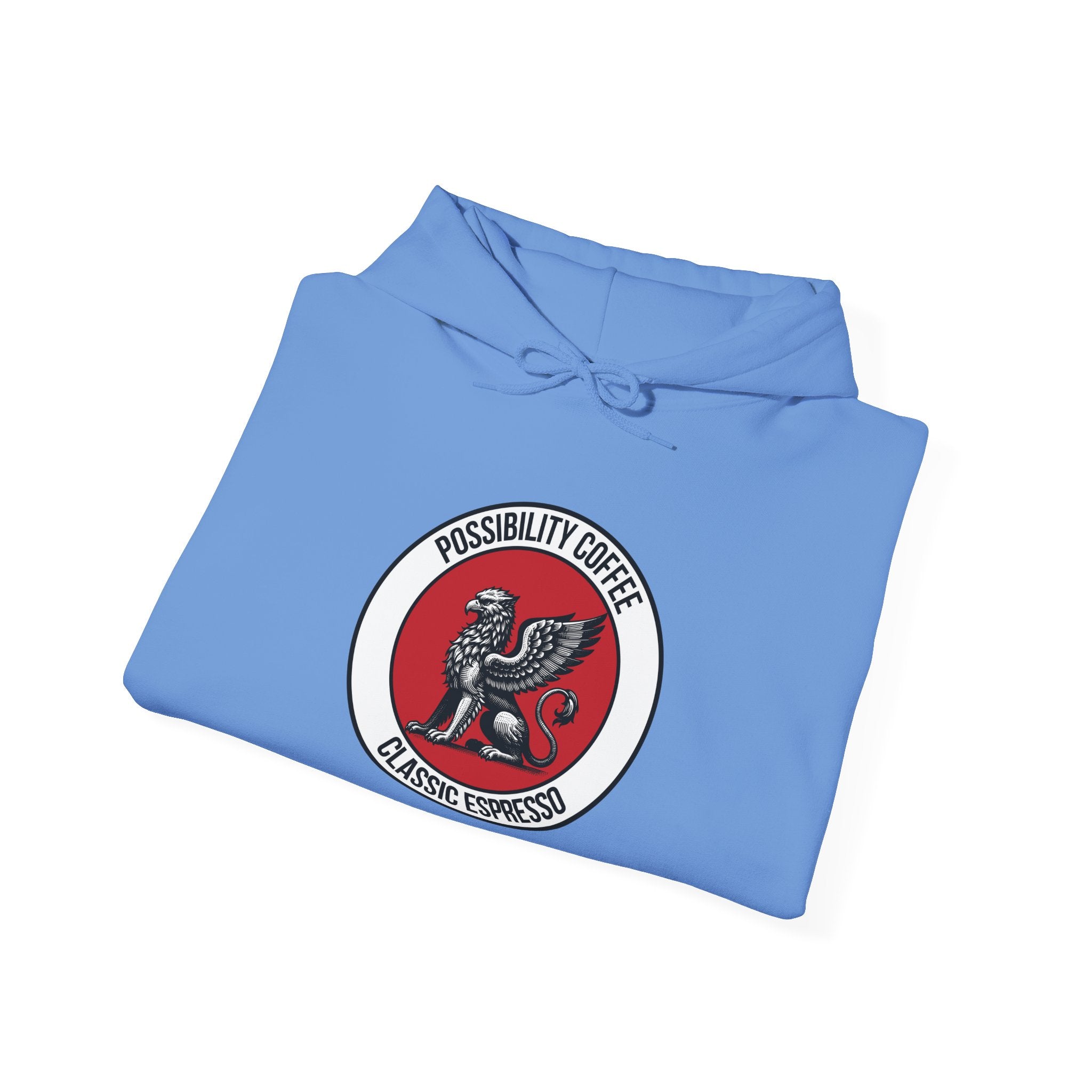 Classic Espresso Griffin Folded blue hoodie with a red and white logo on a white background