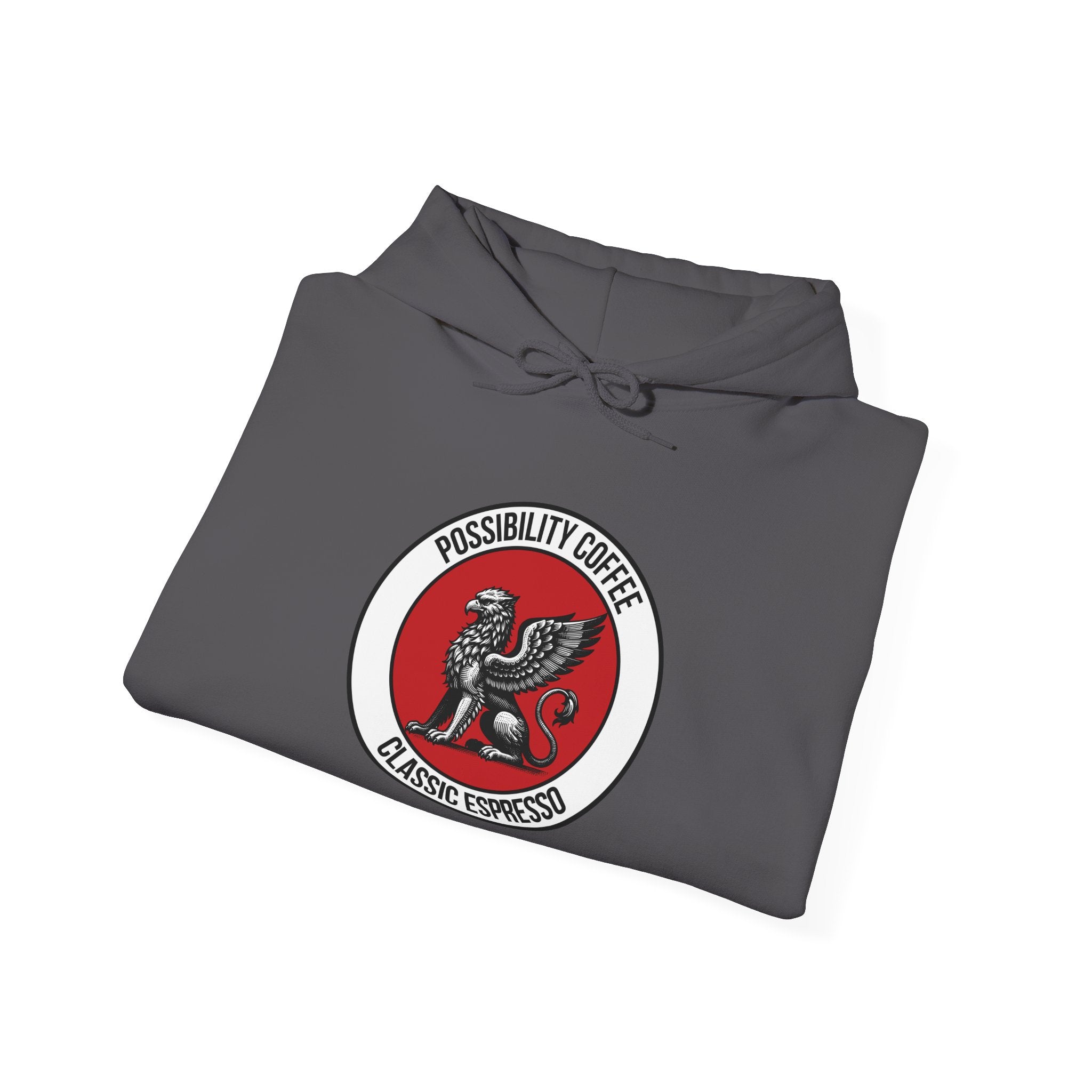 Classic Espresso Griffin Folded gray hoodie with a red and white logo on a white background