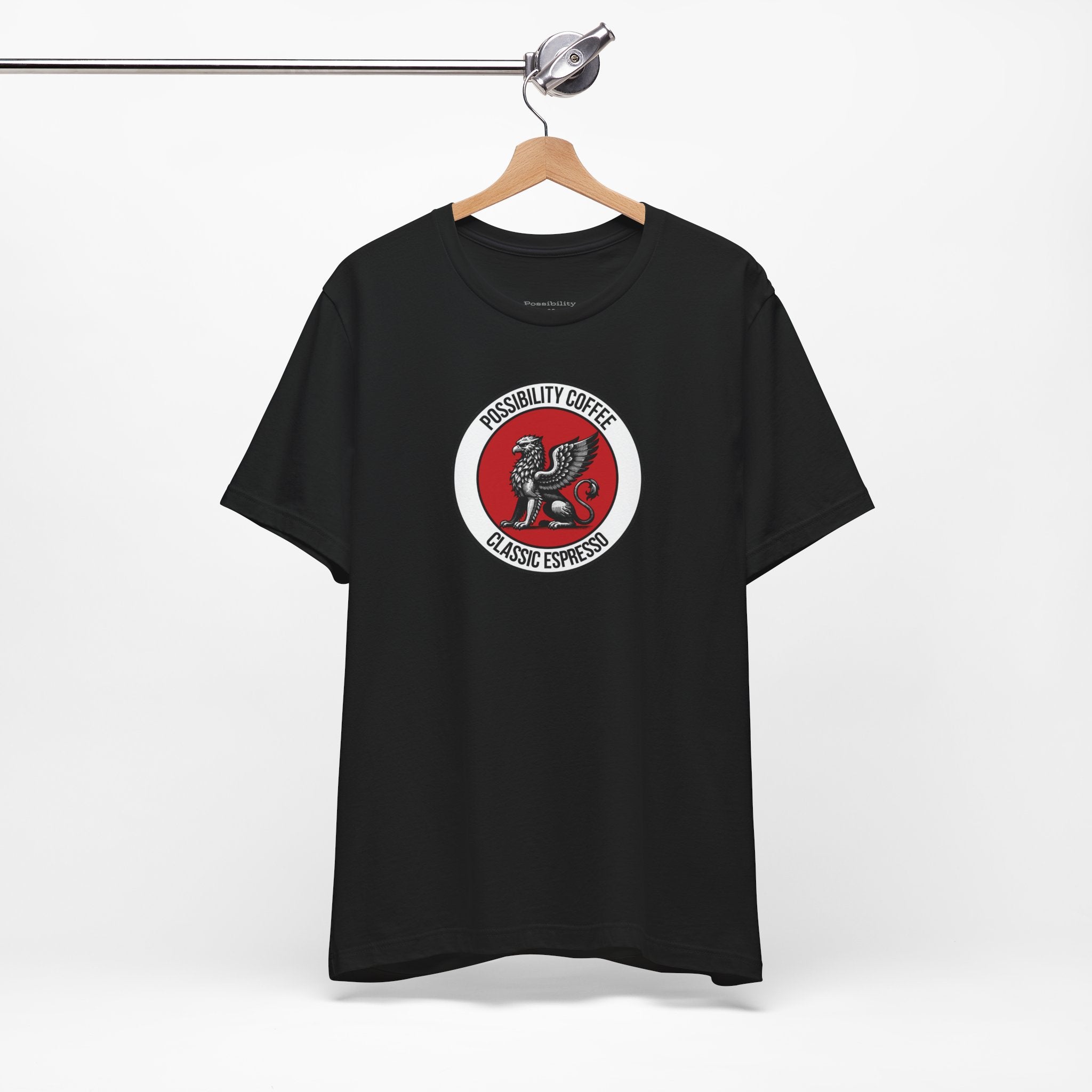 Classic Espresso Griffin Black t-shirt with a red and white logo on a hanger against a white background