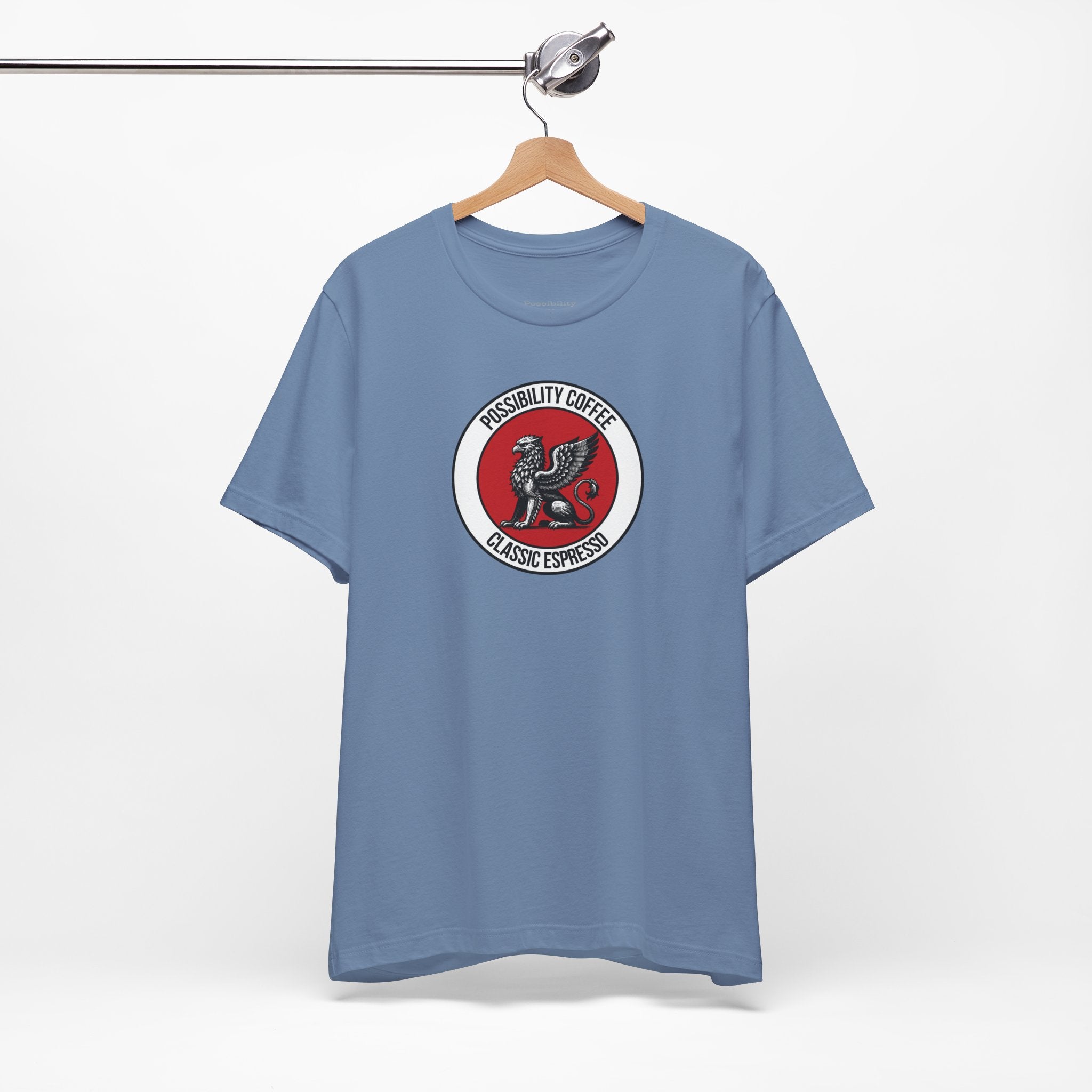 Classic Espresso Griffin Blue t-shirt with a logo on a hanger against a white background