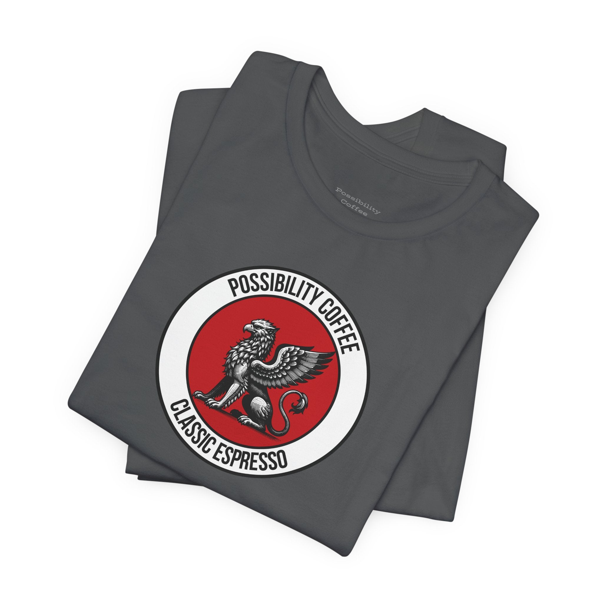 Classic Espresso Griffon Stack of gray t-shirts with a red and white logo on a white background