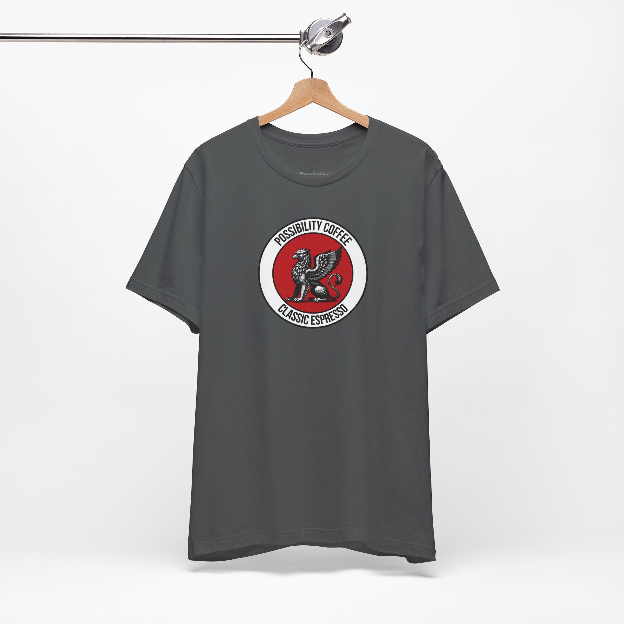 Classic Espresso Griffin Gray t-shirt with a red and white logo on a hanger against a white background