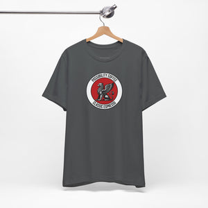 Classic Espresso Griffin Gray t-shirt with a red and white logo on a hanger against a white background